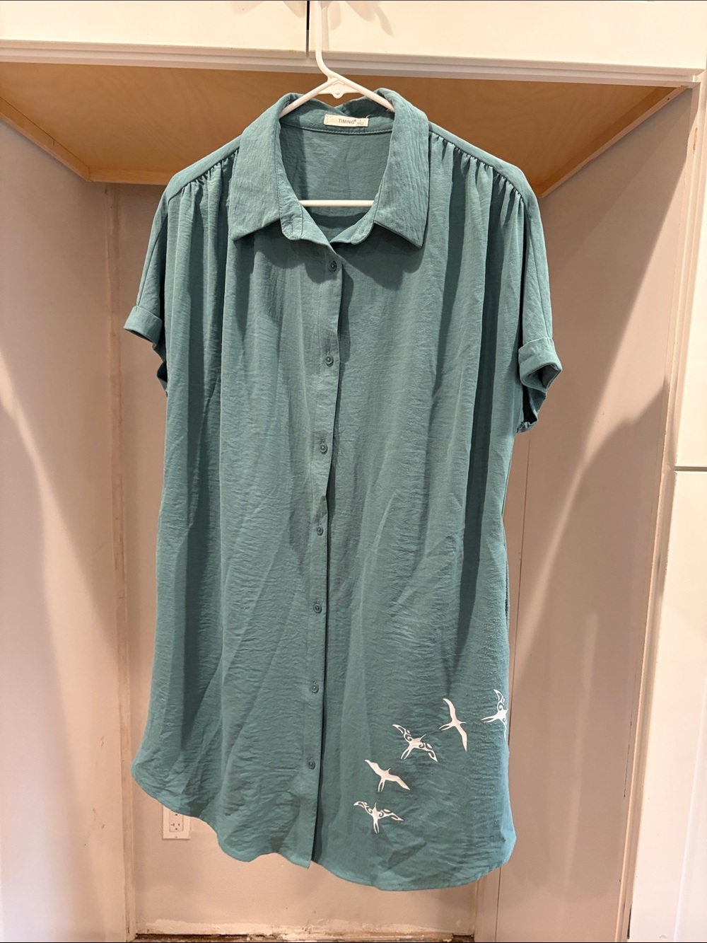 Timing Teal Midi Shirt Dress with Seagull Motif
